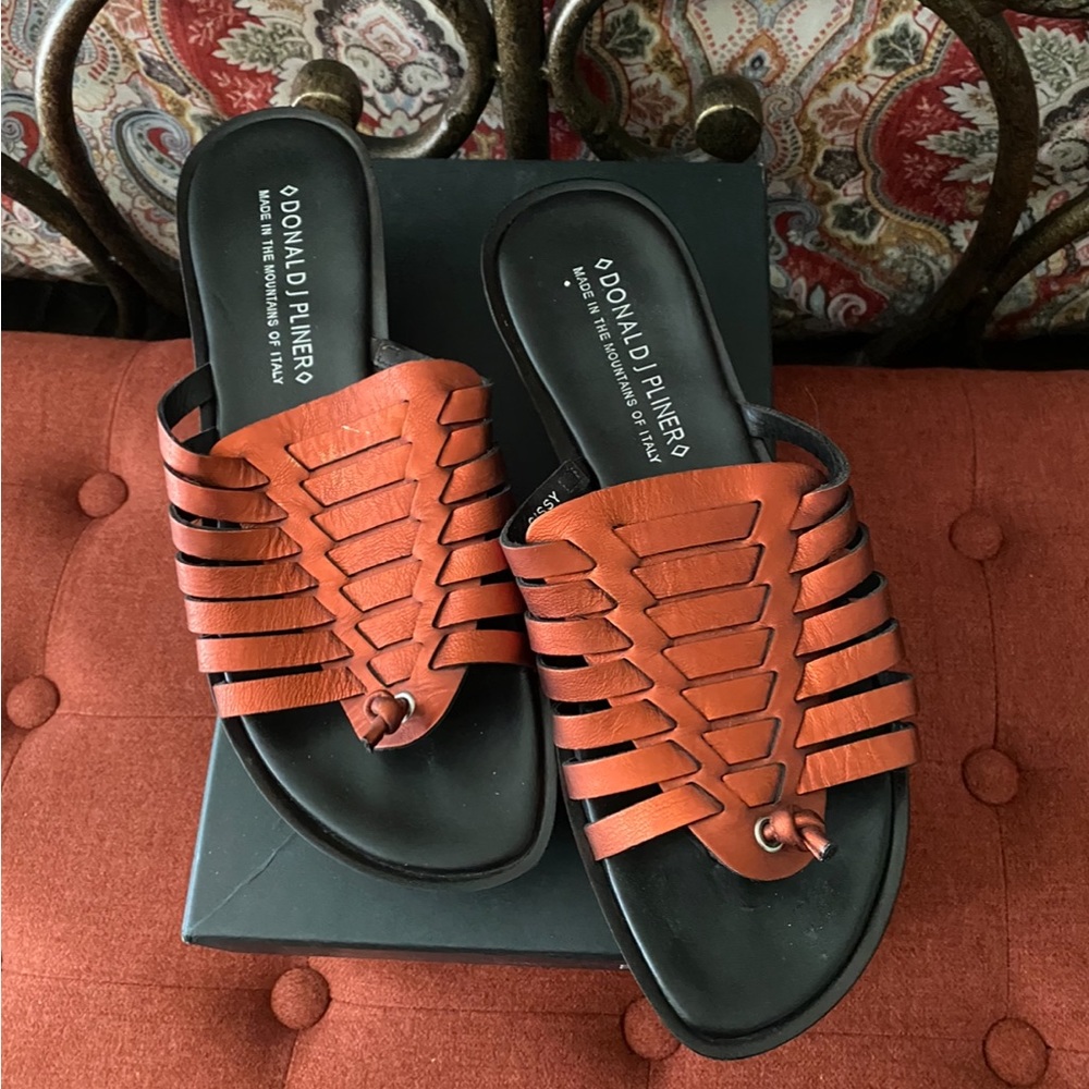 Donald J Pliner Cissy Wedge Sandals SZ 9 in Burnt Metalic Orange/Rust.
